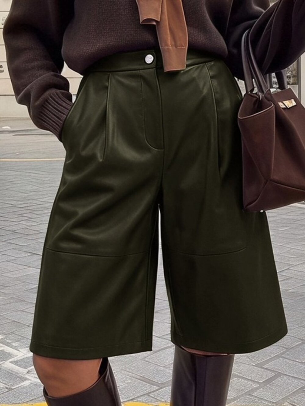 Dark Green Casual Women's Wide Leg Bermuda Shorts - Picture 5 of 7